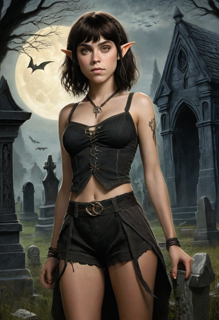 An illustrated movie poster, hand-drawn, full color, a age elven girl, wearing a black bralette and bloomer shorts, tall, toned, athletic hourglass figure, long pointy elf ears, amber eyes, dark hair, shaggy bob cut with thick bangs, deep sun-tanned skintone, freckles, standing in a spooky gothic cemetery, graphite shading, stencil marks, airbrushed acrylic paint, masterpiece, in the style of the Lord of the Rings