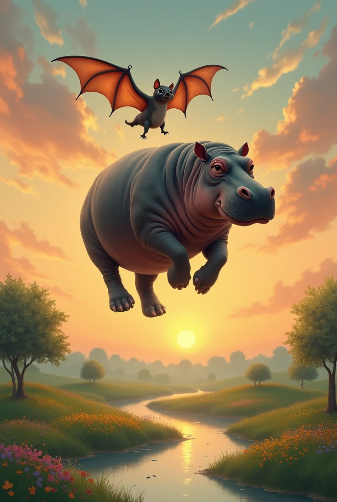 A bat carrying a hippopotamus, small bat enormous hippopotamus, large hippopotamus small bat, normal bat hippopotamus large, flying