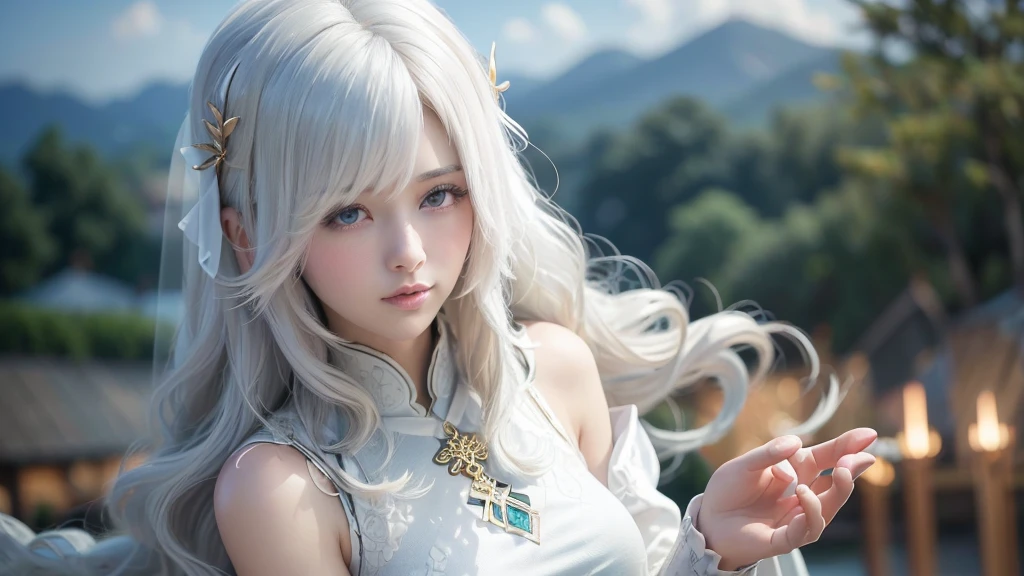 Official Art, masterpiece, Sharp focus, (Beautiful, gorgeous, and cute woman:1.3), (Beautiful and cute woman:1.3), Delicate and beautiful hair, Eyes and Face, Realistic, Very detailed, Beautiful woman, blue sky, (Side light:1.2), sunlight, White cloud, Delicate clouds, thin, ((Smile with your eyes, Please open your eyes)), landscape,Gold decoration, 雄大な寺院のlandscape, Sacred atmosphere, White Veil 