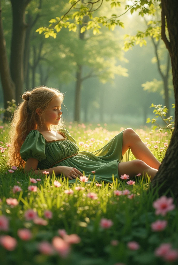 Beautiful young girl , in forest , gold hair, full body, around pink flowers, green dress, open chest, sleep, hot, pony tail hair, more realistic