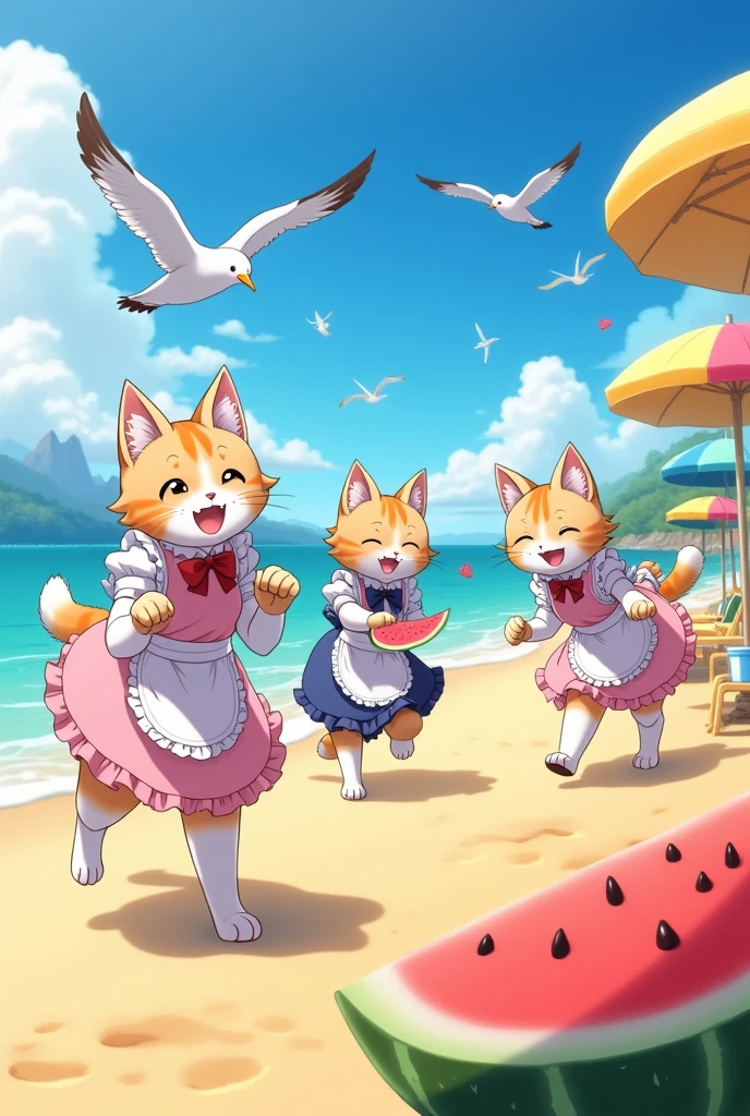 Anthropomorphic cats wearing maid outfits are playing watermelon smashing on the beach.、Anime illustration、beauty、high resolution、high quality、masterpiece