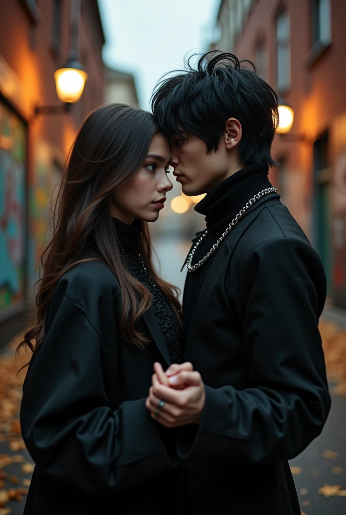 a white girl with dark brown straight hair and dark brown eyes and a gothic boy who are boyfriend and girlfriend
