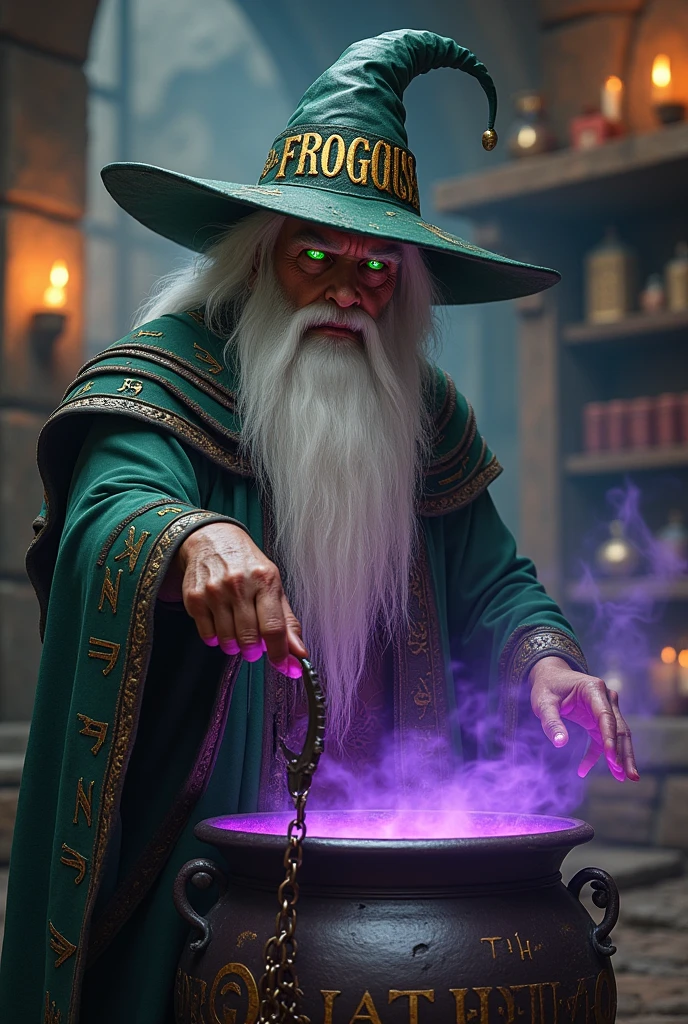 Old wizard with long hair, white, eyes glowing green , with a long hat written FROGGUS, Leaving the cauldron, place a black arm with an open handcuff 