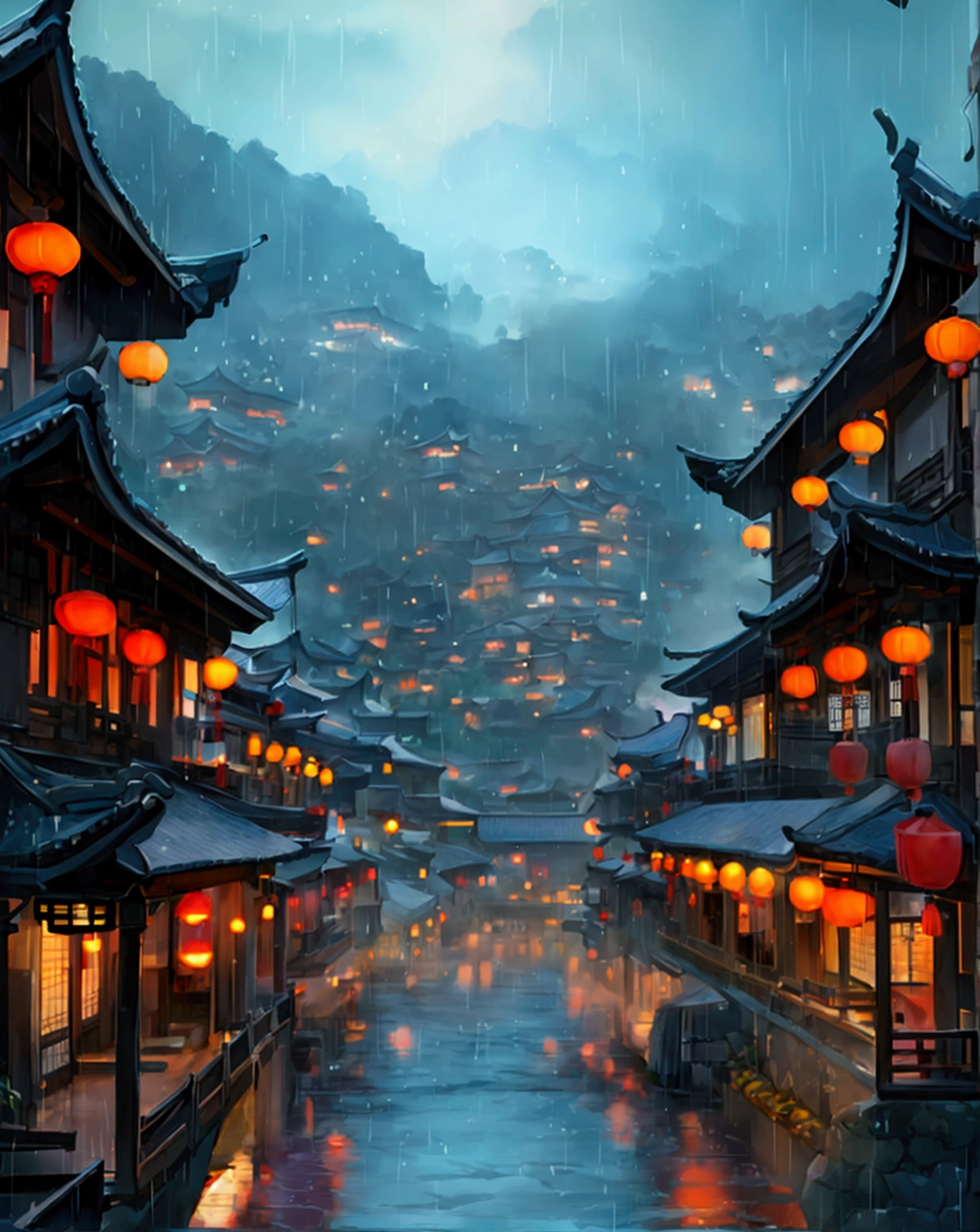 arafed view of a village with a lot of lights on the buildings, dreamy chinese town, chinese village, amazing wallpaper, japanese town, japanese village, hyper realistic photo of a town, old asian village, japanese city, by Raymond Han, rainy evening, cyberpunk chinese ancient castle, beautifully lit buildings, at evening during rain, beautiful and aesthetic, photography, cinematic, 8k, high detailed ((Heavy rain)))