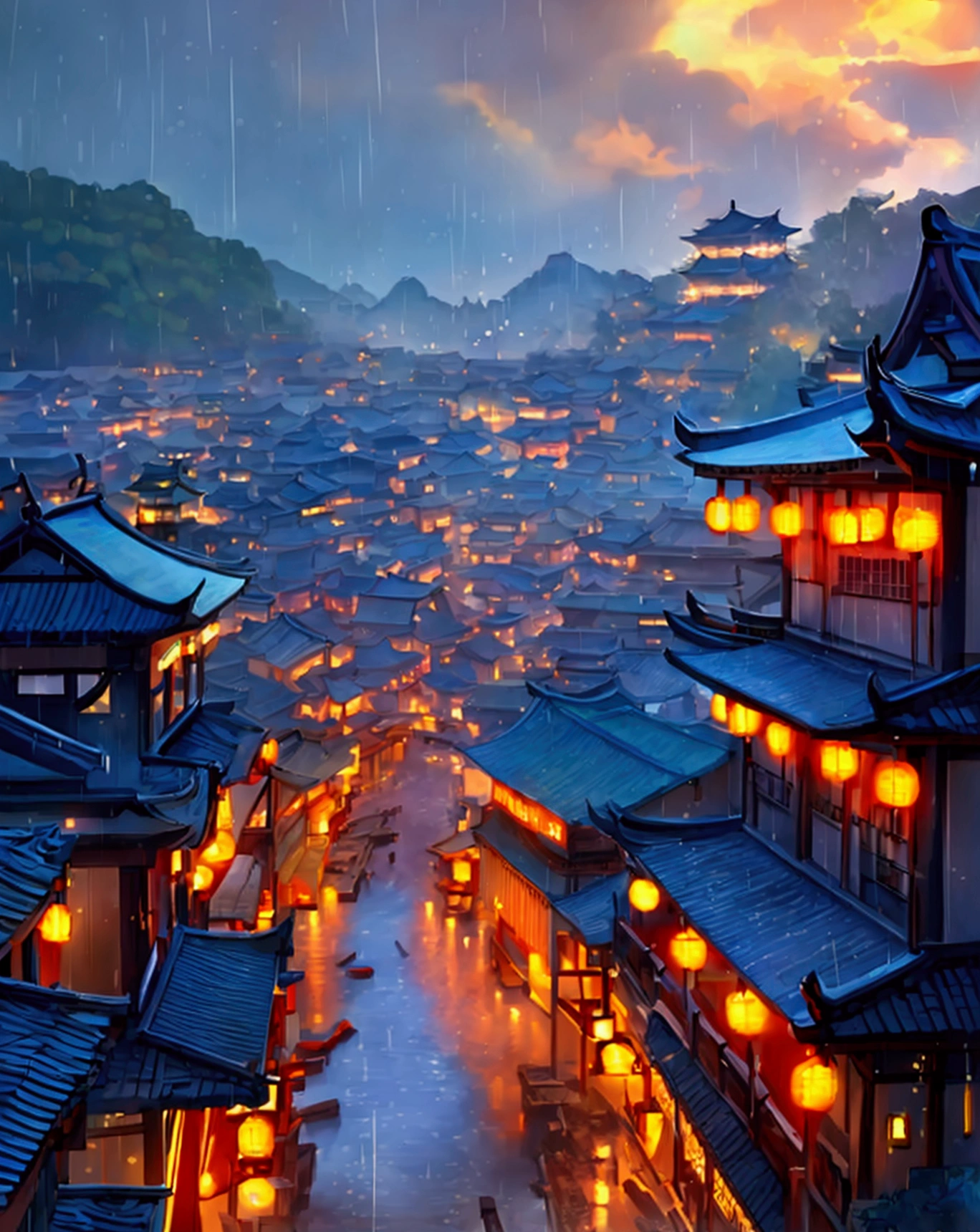 arafed view of a village with a lot of lights on the buildings, dreamy chinese town, chinese village, amazing wallpaper, japanese town, japanese village, hyper realistic photo of a town, old asian village, japanese city, by Raymond Han, rainy evening, cyberpunk chinese ancient castle, beautifully lit buildings, at evening during rain, beautiful and aesthetic, photography, cinematic, 8k, high detailed ((Heavy rain)))