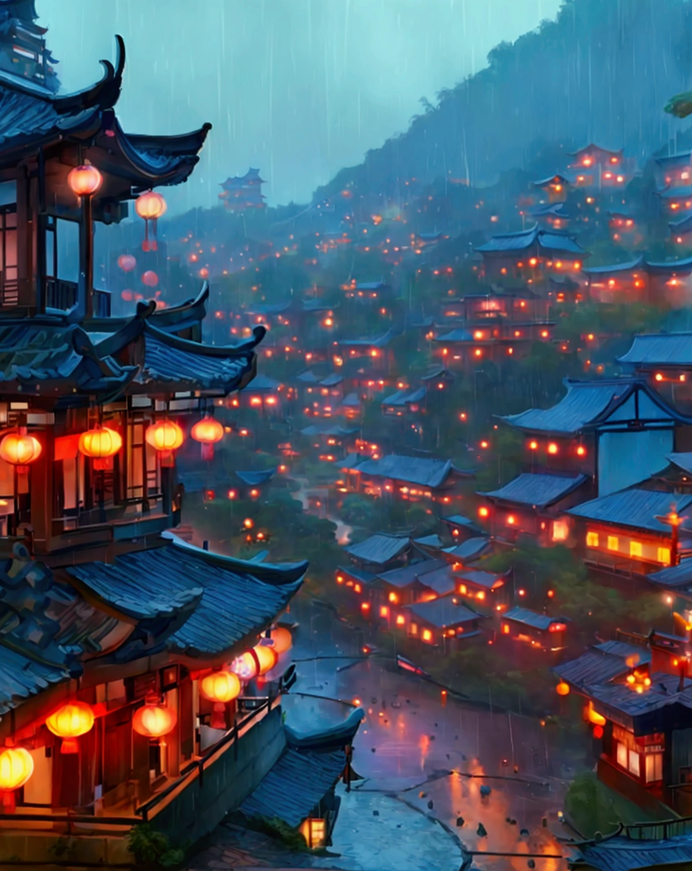 arafed view of a village with a lot of lights on the buildings, dreamy chinese town, chinese village, amazing wallpaper, japanese town, japanese village, hyper realistic photo of a town, old asian village, japanese city, by Raymond Han, rainy evening, cyberpunk chinese ancient castle, beautifully lit buildings, at evening during rain, beautiful and aesthetic, photography, cinematic, 8k, high detailed ((Heavy rain)))