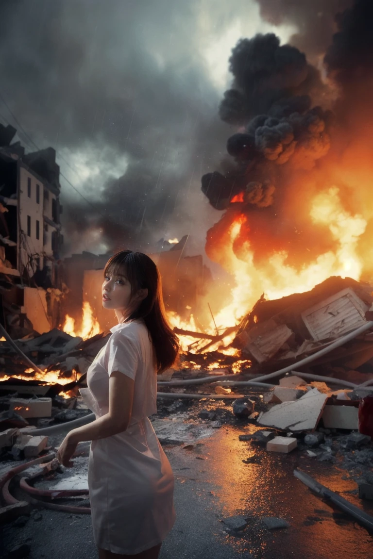 A woman, wounded and bleeding, explodes amidst burning rubble. Tokyo. Rain. Detailed and realistic.(Photorealistic:1.5)