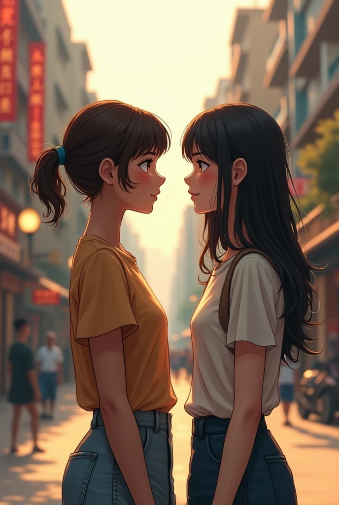 A girl with a height of 1.59,short wavy brown hair pulled up and neat,brown skin tone with normal lips,honey eyes with y2k clothes,next to a girl with fair skin tone, long straight black hair,dressed in coquette style,both standing looking at each other with a sad expression