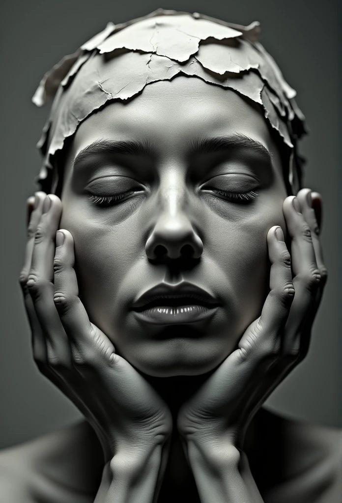 Holding head with both hands, Wrinkled face made of paper, Exposed cerebral miso,face with closed eyes,Abstract portrait close-up,surreal dark art,4K,face detailed