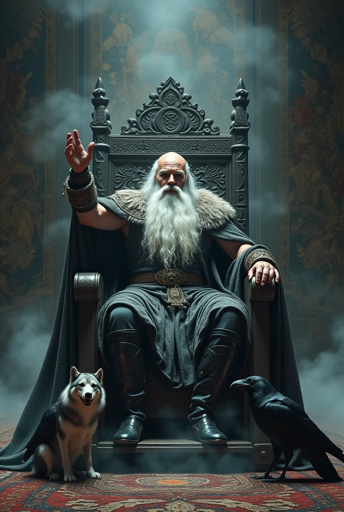 Odin on the throne with 2 wolves and 2 ravens as arm tattoo