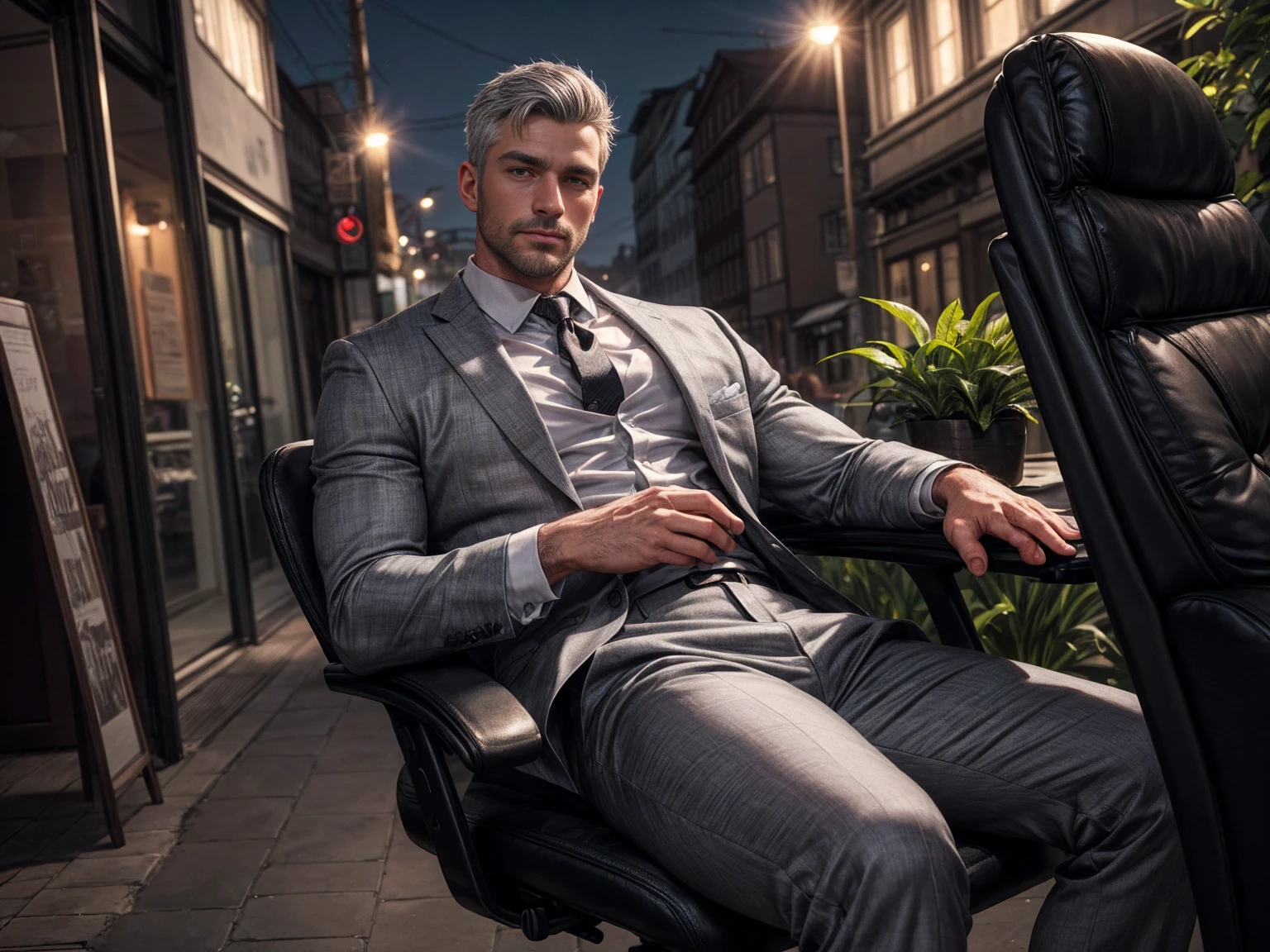 Best quality, masterpiece, ultra high res,detailed background,solo,male,mature,bara,muscular,mature male,silver formal suit,office,salaryman,sitting on chair,plants,looking at viewer,from below,depth of field,, mature male, arm hair, ! Skinny and tall！（Chest hair：1.8） ！ High detail 8K)! ((Realistically)), ! 186 cm! 70 kilograms! Popular clips! ( High-detail 8k ((realistically)), big hairy black areola! , best quality, bright lighting, focus, theater! 35 years old, hairy breasts, thick hair , Reddit, photo realism, gray hainely sculpted eyes！ gray hair！, body perfect blend of organic and artificial,midjourney gray hair！! photo realism, Short hair! Outdoor。Beautiful calves hair!!!！,Germany Male ！Height 208cm, small head! Germany! Advertisements with a sense of design ,Germany Male ！, small head! More Detail High detail 8K)! Popular clips!, Dark skin, best quality, focus, ! 35 years old, Adam Dario Kier screenshot, photo realism, Short hair! Gray hair!