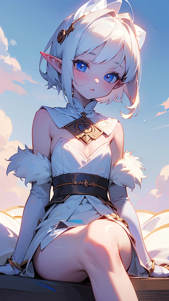 (masterpiece), (Best Quality: 1.0), (ultra high resolution: 1.0), (1 Little girl), (Best Quality, 4k, 8k, masterpiece: 1.2), 2.5D, , elf, fur rose, sky background white skin, by white, short hair, pointy ears, look at the viewer, seated