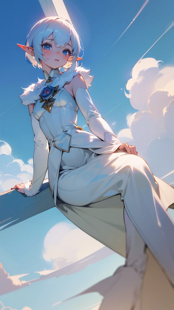 (masterpiece), (Best Quality: 1.0), (ultra high resolution: 1.0), (1 Little girl), (Best Quality, 4k, 8k, masterpiece: 1.2), 2.5D, , elf, fur rose, sky background white skin, by white, short hair, pointy ears, look at the viewer, seated