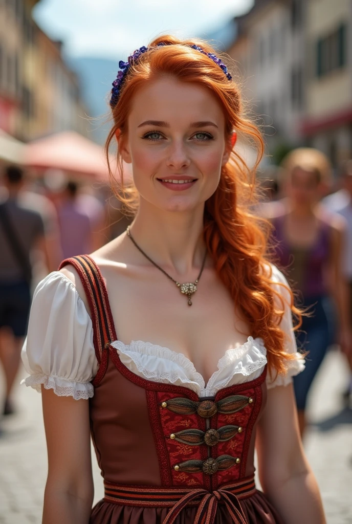 (masterpiece, best quality:1.5), highest quality, High resolution, super detailed, Realists, Upper body photo of a 22-year-old red-haired woman, detailed and beautiful eyes, beautiful detailed lips, very detailed eyes and face, longeyelashes, A 22-year-old woman in a beautiful, short, shimmering satin dirndl, tied apron,Lace in fabric, Beautiful and colorful makeup, elegant and noble々Pose, hairband, ponytail hairstyle, Munich as a backdrop, bright daylight, bright colors, fine brushstrokes, Portrait style, beautiful color palette, glowing skin, First-class rendering, that captures every detail, enchanting atmosphere, (perfect anatomy:1.2), (The two stunning women wear a beautiful short dirndl with stockings.. smiling in love and full of joy at the festival, nice legs. They walk hand in hand down the street. Beautiful shoes (magnificent panorama view:1.2)