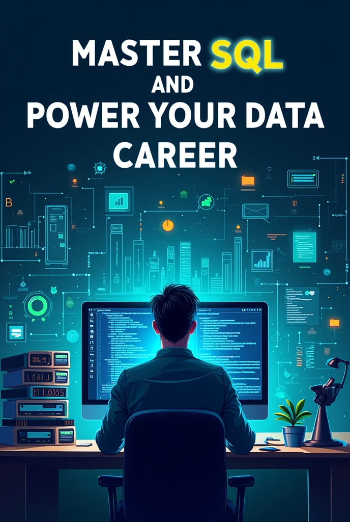 Create a striking and professional image that represents the SQL programming language. The image must include:
A modern and tech-driven background, like a digital office or a computer screen with visible SQL queries.
Visual elements symbolizing databases, Server icons, Data tables and charts.
a person (could be a data analyst or a developer) working on a computer, showing concentration and enthusiasm while writing SQL queries.
Eye-catching text saying 'Master SQL and Power Your Data Career' in a modern and easy-to-read font.
Vibrant colors like blue and green, that are common in data visualization, to attract attention and convey professionalism.
A design that is suitable for social media and online education platforms, with a focus on promoting a SQL course."