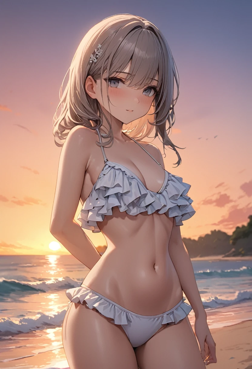 Highest quality, masterpiece, High resolution, 1girl solo, Detailed face,frill-type-bikini,Sunset Beach