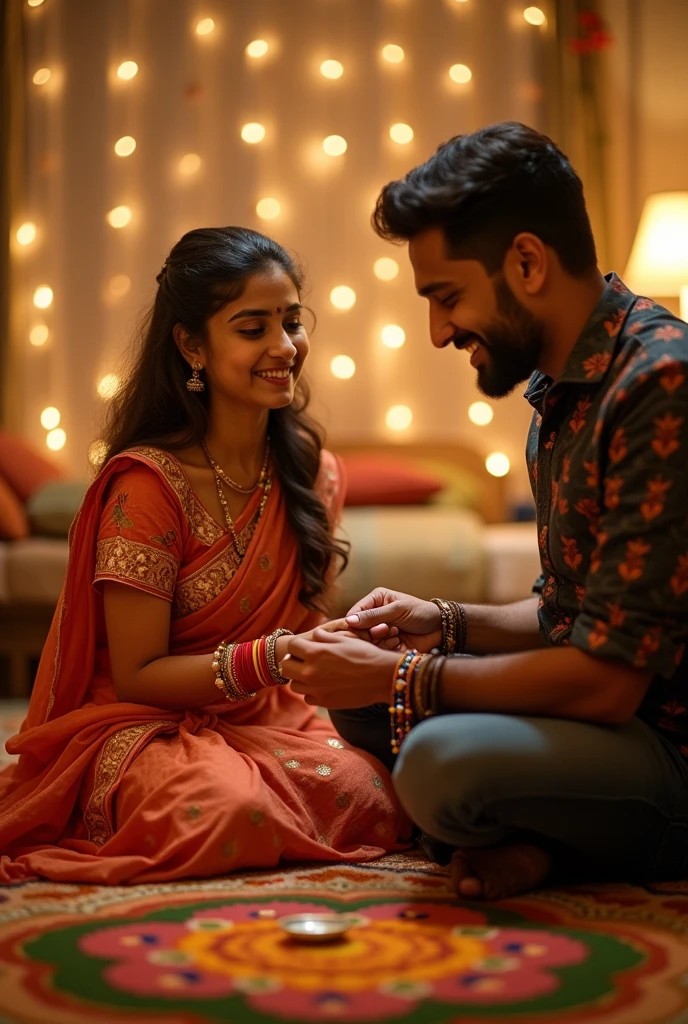 In a warmly lit room, a sister kneels beside her brother with a tender smile. She holds a colorful rakhi adorned with intricate patterns and shimmering threads. As she carefully ties the rakhi around her brother's left wrist, her expression reflects both joy and affection. The brother, seated comfortably, looks on with a mix of gratitude and pride. The setting is decorated with traditional elements, such as vibrant rangoli patterns and festive lights, enhancing the intimate and celebratory atmosphere of the moment.