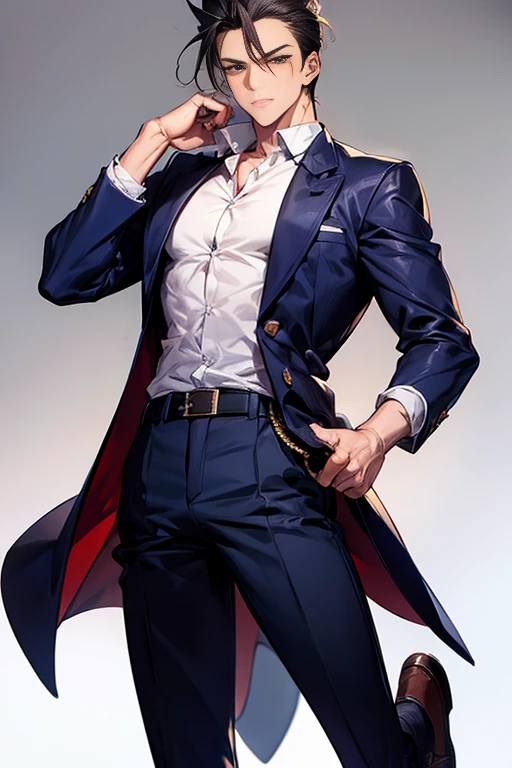 high school student,height: 175cm,Practical Muscles,Slim Macho,Domon Kash,Old scar on left cheek,Anatomically correct, Corruption, Attention to detail, Textured skin, Ultra-high resolution, High School Uniform、Navy blue blazer,White shirt,Grey slacks,Leather shoes,Textured skin, Ultra high definition, A series of character actions, Japanese illustration style,