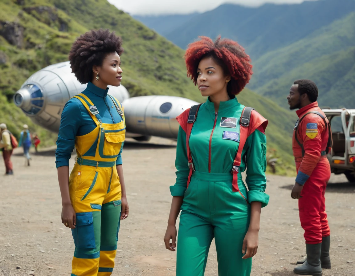 science fiction setting, 2 women (a 20 years old nigerian with short afro hairs and a 40 years old colombian with shoulder long wavy hairs) in green-black and yellow-red spacetravelling overalls are greeting a man in a red-blue spacetravelling overall, NO emblems, NO flags, medium shot, bokeh, on a level mountain spot, in the background is an elliptoid spaceship for 5 persons parking, 8k resolution, masterpiece, high details,