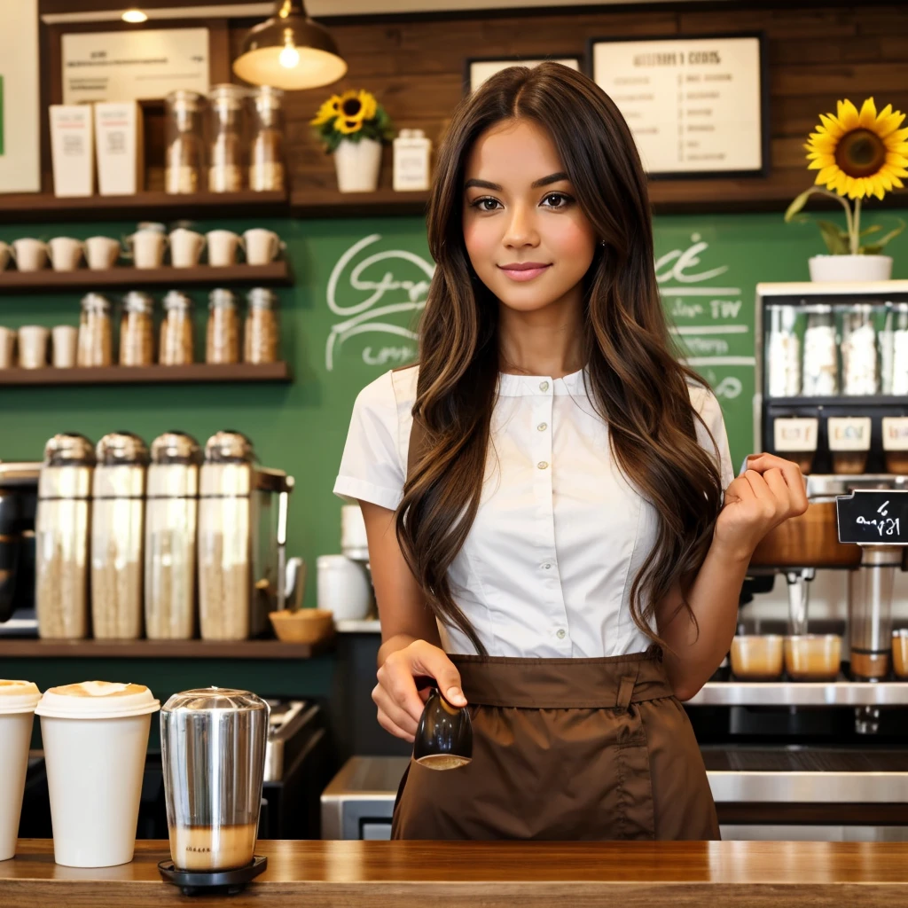 Show me a slim young girl with light brown brown teas dressed as a barista in a coffee shop with some green tones, black long hair, sunflower clip, Ms.k tag name, blvk sign name