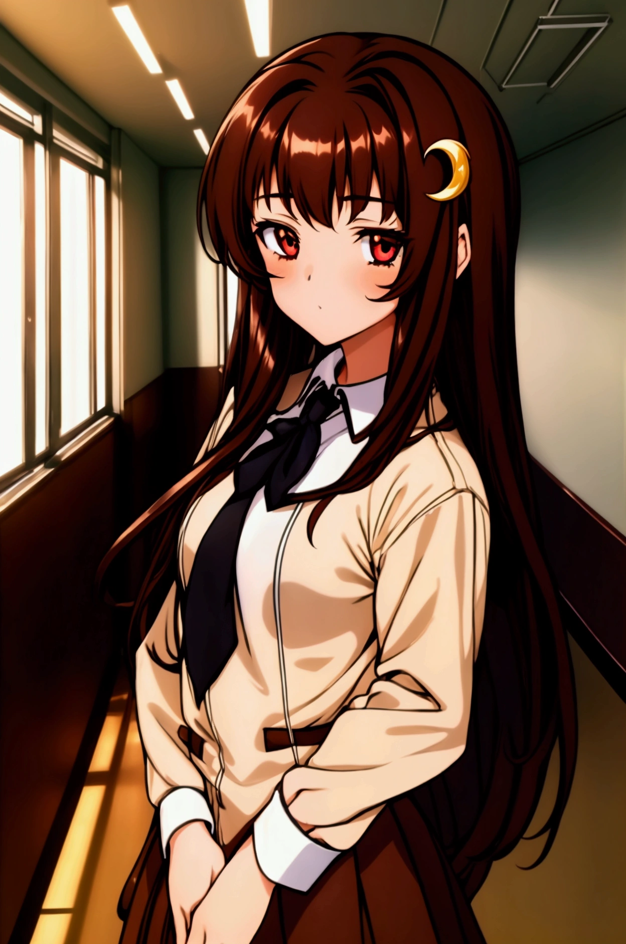 1girl, (((long brown hair))), (((brown eyes))), crescent hair ornament, school uniform, school hallway, indoors 