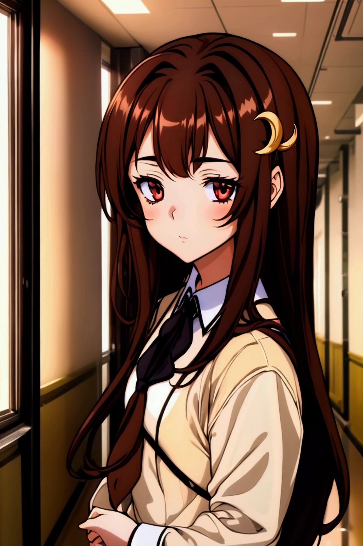 1girl, (((long brown hair))), (((brown eyes))), crescent hair ornament, school uniform, school hallway, indoors 