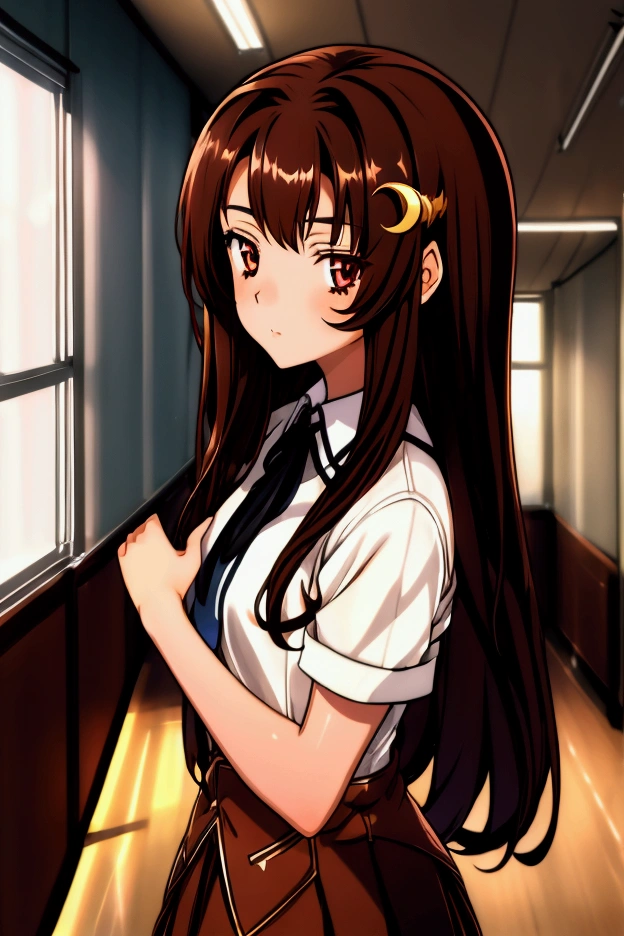 1girl, (((long brown hair))), (((brown eyes))), crescent hair ornament, school uniform, school hallway, indoors 