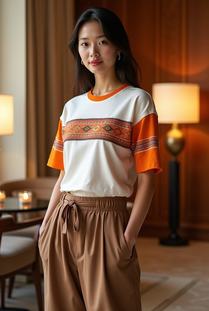 Female model. Modern style. Wearing a white short-sleeved round-neck T-shirt with Vietnamese ethnic brocade patterns in orange, red, and brown. Solid sleeves with orange stripes. Loose brown A-line pants with side pockets. Set in a luxurious wooden interior room. Cream-colored walls. Table, chairs, lamps