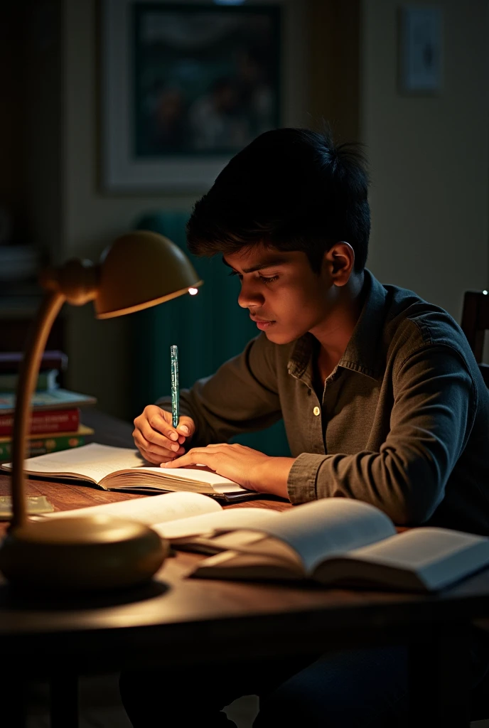a photo reaslistic image of a sri lankan college boy studying in his room in the background, the photo is taken in a side view selfie by a 20 year old girl in the front