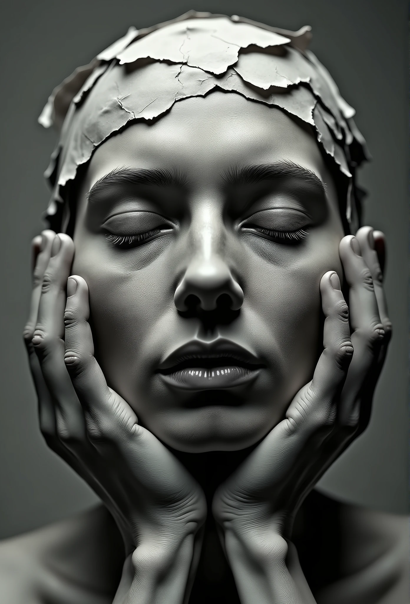 Holding head with both hands, Wrinkled face made of paper, Exposed cerebral miso,face with closed eyes,Abstract portrait close-up,surreal dark art,4K,face detailed