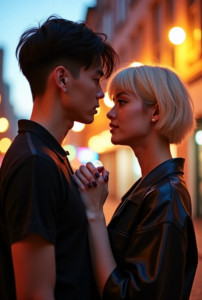Could you make an image of a couple of guys holding hands, One of the guys has black hair in a garçon cut, He's thin and tall, The other one is blonde with an E-boy haircut with bangs, He's a bit shorter.
