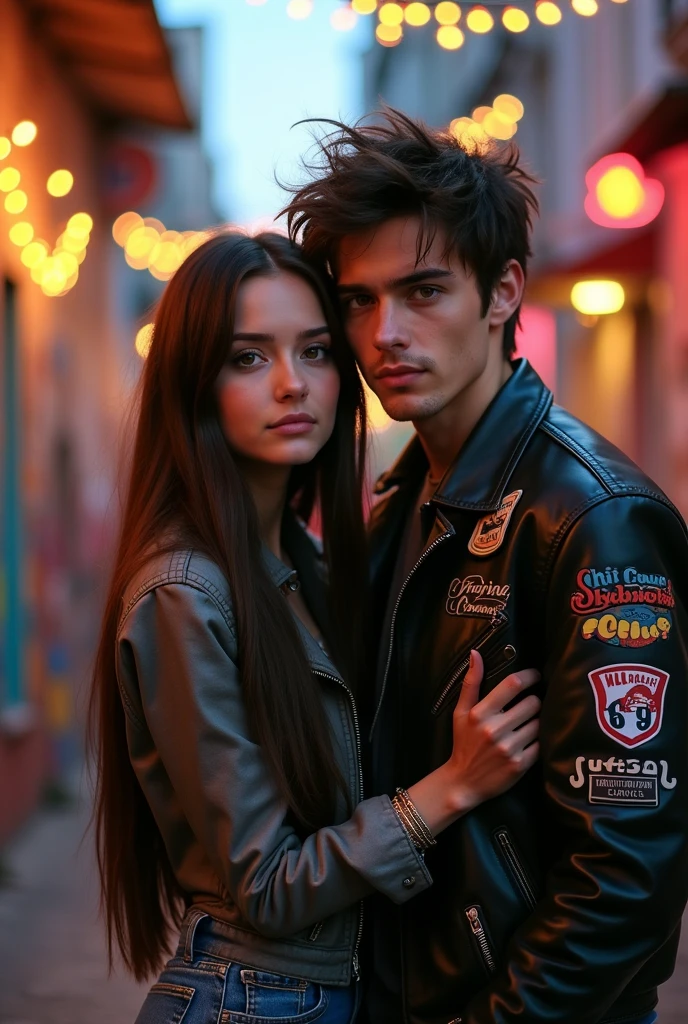  a white girl with dark brown straight hair and dark brown eyes and a rockstar boy who are a couple
