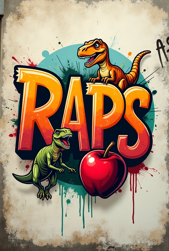 A logo that says RAPS with a velociraptor and a red apple that looks drawn, something simple and with graffiti typography