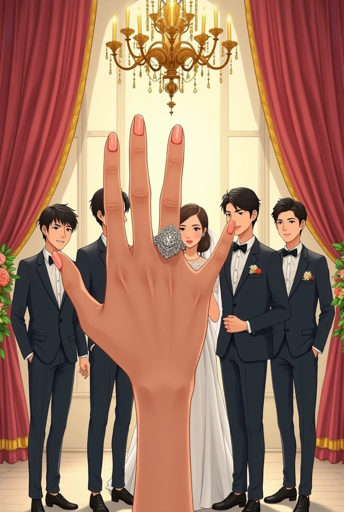 A woman's hand with 5 fingers wearing one ring marrying 5 grooms, scene in the wedding hall manhwa version