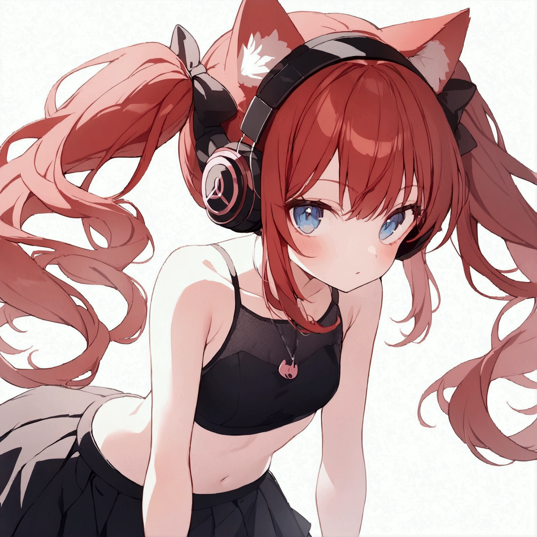 1girl, bottom heavy, red hair, twintails, cat ears, headphones, black skirt, crop top, schoolgirl outfit, peace sign, blue eyes, wide hips, small breasts