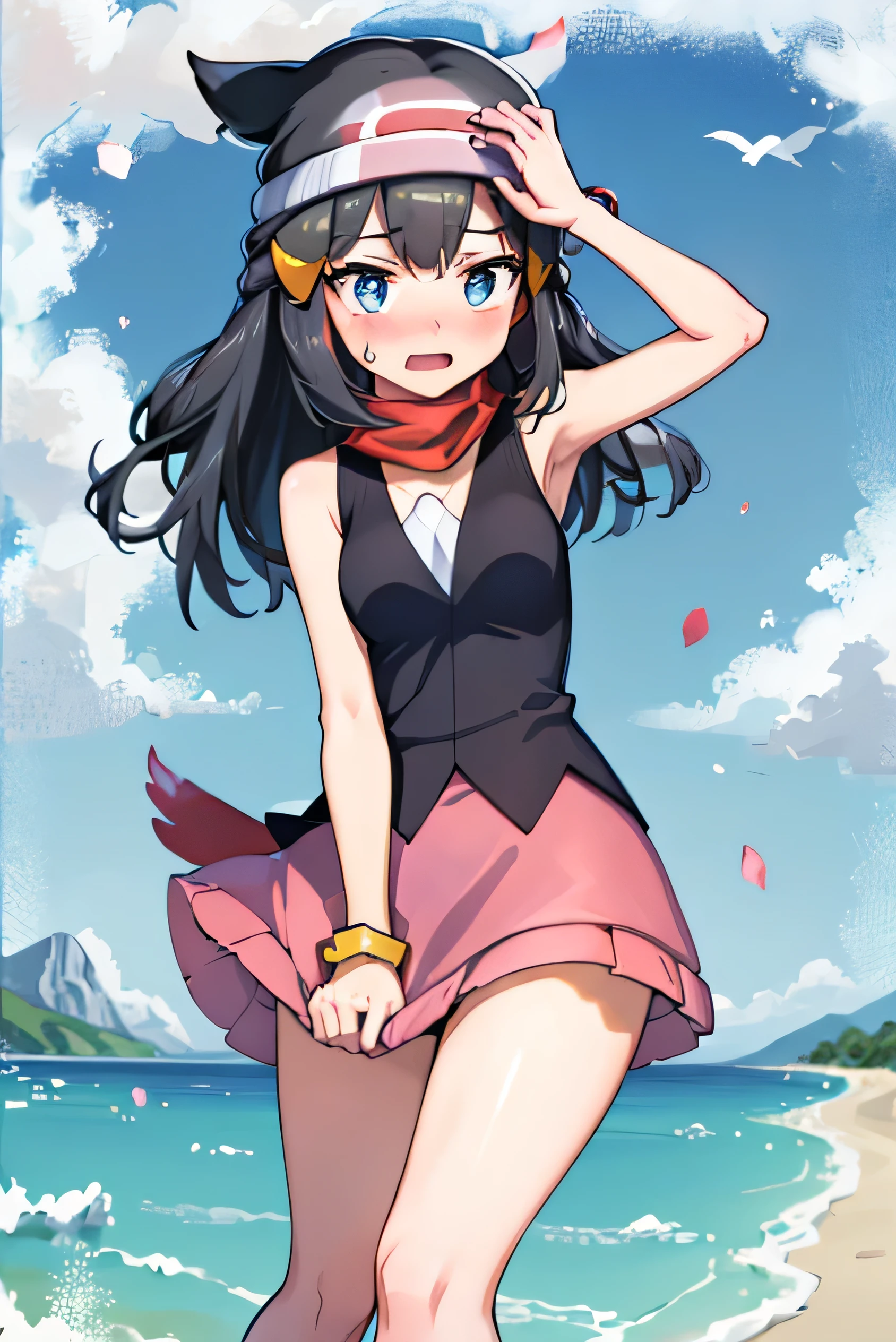 (8k),(masterpiece),(Japanese),((Innocent look)),((Childish)),Front and from above,smile,cute,Innocent,Kind eyes,Pokemon Dawn, Pokemon Dawn, Black Hair, blue eyes, Side Lock, Long Hair, (Small breasts:1.2),壊す bare shoulders, Beanie, black shirt, Black socks, bracelet, have, jewelry, Knee-length, miniskirt, pink skirt, red scarf, scarf, shirt, skirt, Sleeveless, Sleeveless shirt, White Hat,,Hair blowing in the wind,Black Hair,Somewhat strong wind,noon,bright,1 female,Next to the chestnuts,Red ribbon ,((Anxious expression)),Beautiful breasts,白のshirt,Red dress,Well-stylized,,(Front facing)(((Blushing、Embarrassed expression)),(((skirtが風でめくれ上がる)))