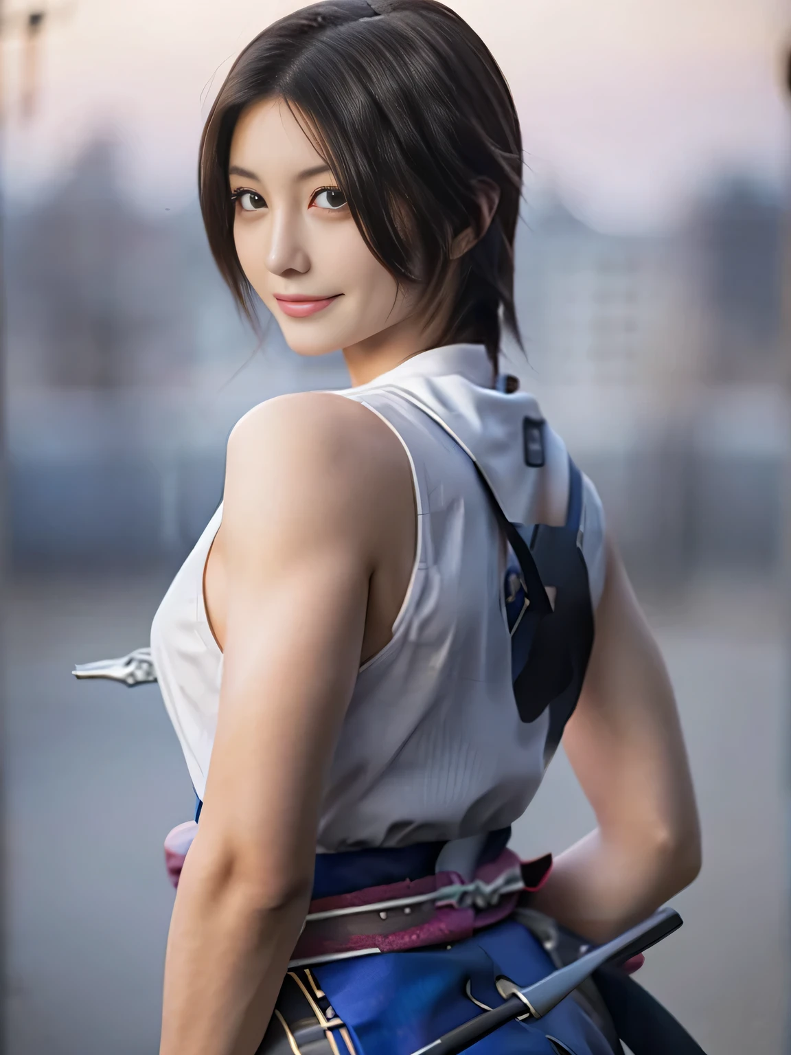 20 year old Japanese beauty,One woman、Muscular body like a bodybuilder、Emphasize the breasts、Slit eyes、A head-to-toe view,Bust is very very large、The background is a medieval European kitchen、High quality photos、Clear, crisp images of the lower body、Masterpiece 8k、Smiling、Holding a sword in his right hand、From the front, from the side, from the back, etc.々from what camera angle to shoot、Ninja costume