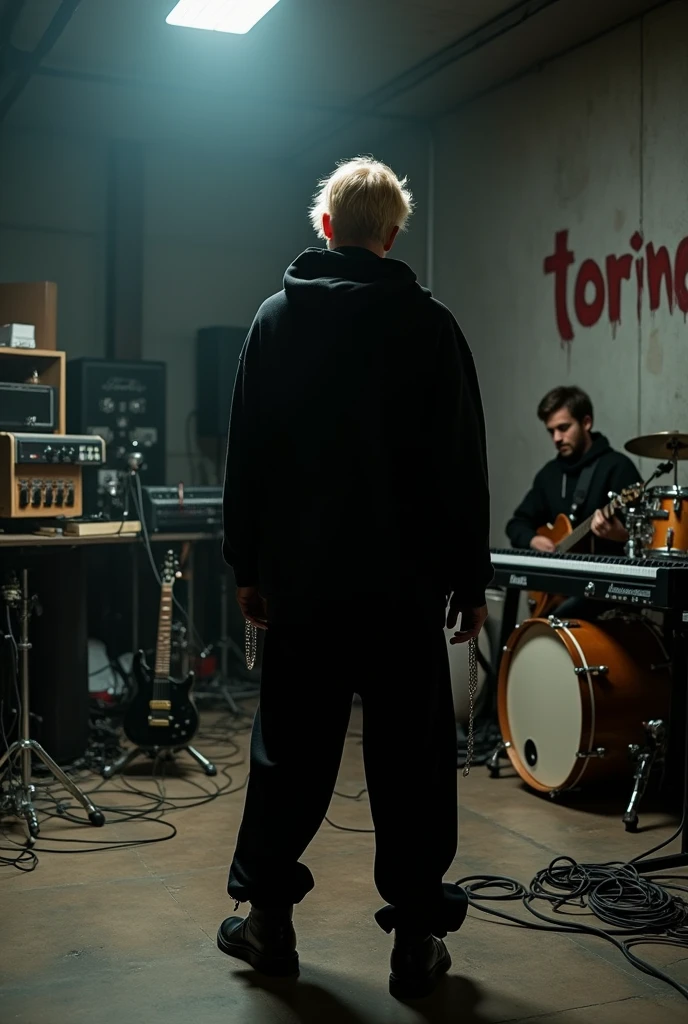 a trap singer, male, dark blond, looked from back, wearing all black clothes, oversized, hoodie, wide trousers, boots, chains, streetwear, standing on a music studio, y la palabra "torino" en alguna parte