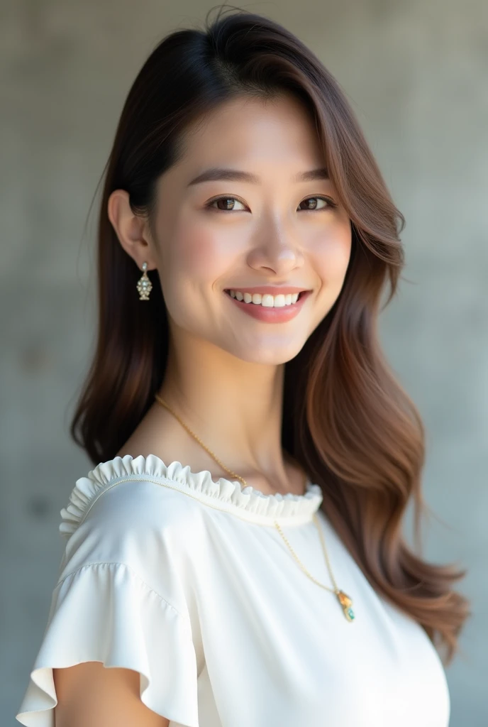 A beautiful Japanese woman who looks like she's half-Japanese、Sharp features、Big eyes、Fine, glossy hair、Hair that is collarbone to upper chest length、Thready hair、Brown hair color、Smooth and straight hair、Body turned slightly towards the camera with direct eye contact、Smiling Kindly、The background is simple and bright concrete.、White round neck frilled cut-and-sew、Diamond stud earrings and necklace、Hair is not curled、Straight with layers and smooth、Chest length hair、A woman with strong features、A stylish woman with sharp features、Glossy straight hair、