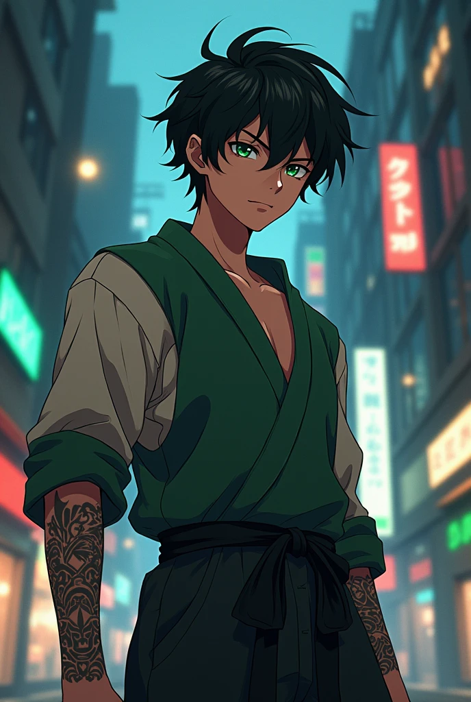 Create an anime character for me who is 6'2" tall, has a lighter skin tone, black hair, and green eyes. He's 20 years old, but in the style of JUJUTSU KAISEN anime, shounen style, but MORE REALISTIC.