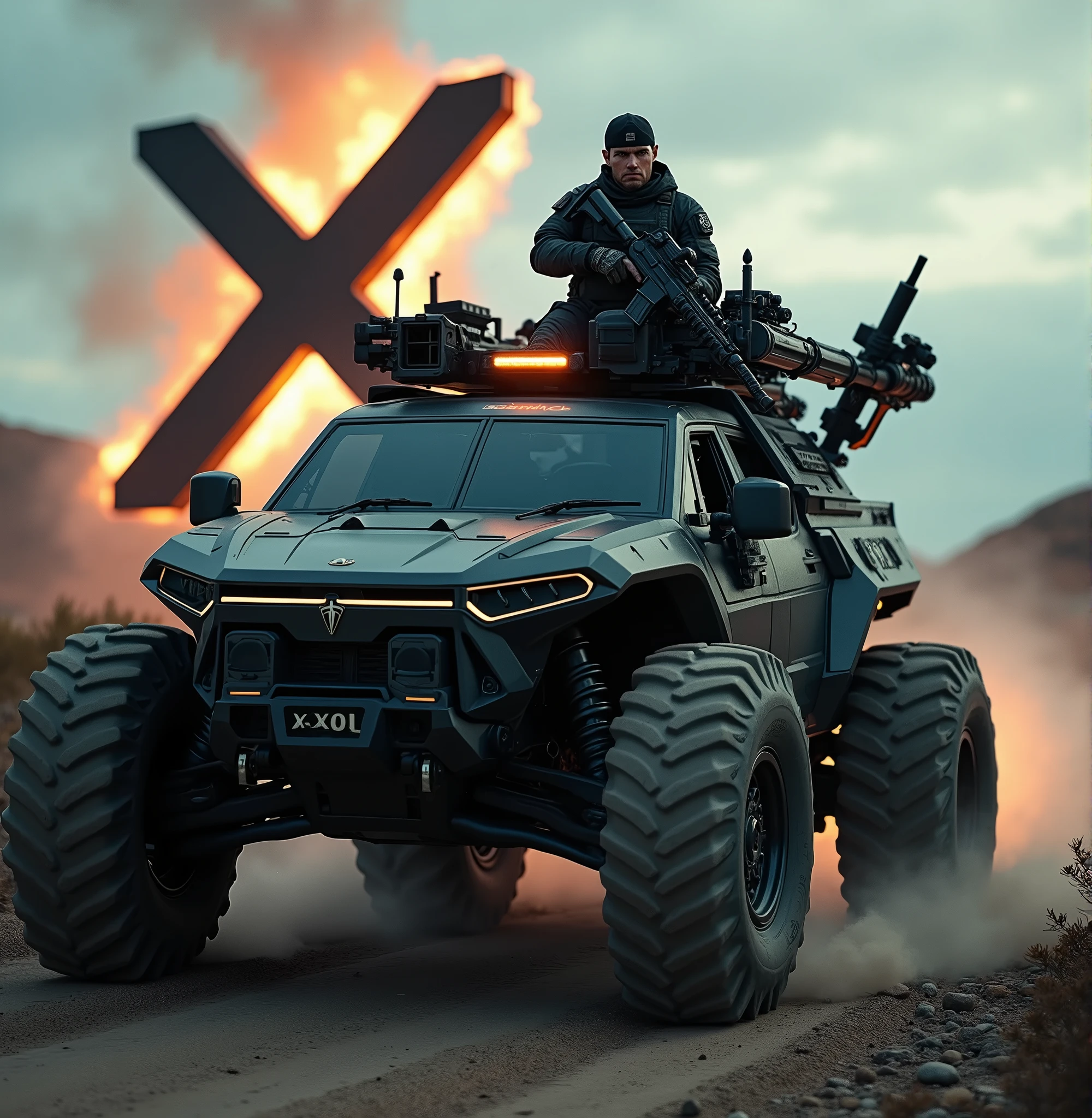 A highly trained Swedish special forces soldier, driving a futuristic armored Tesla Cybertruck equipped with machine guns and rocket launchers, performing adrenaline-fueled wheelies around a massive X logo sign, wielding an imposing heavy machine gun, a swedish flag on the back of the truck, cinematic, dramatic lighting, hyper-realistic, 8K, 3D render, photorealistic, chiaroscuro, moody, gritty, military, tactical, advanced technology, dynamic pose, muscular physique, tactical gear, serious expression, rugged environment, stunning visuals, powerful, intense
