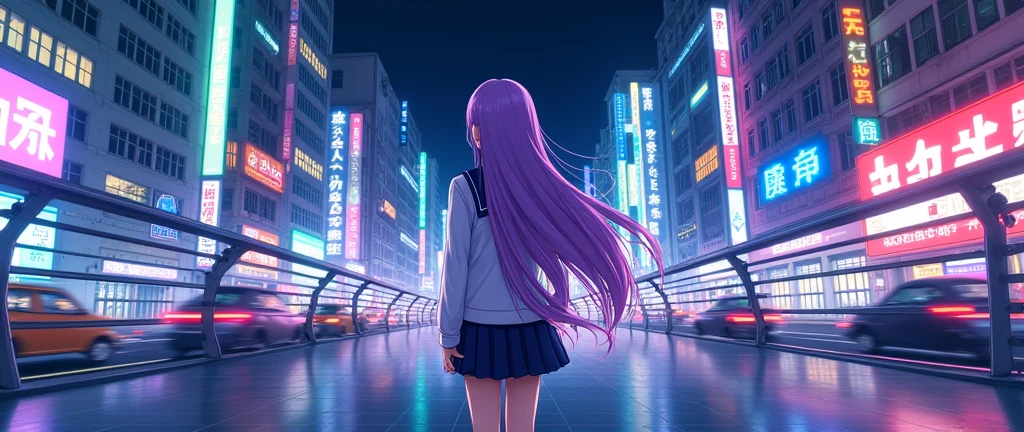 Create an image of a female anime character standing on a bridge. The character has long, wavy violet hair. She is wearing a school uniform with a pleated skirt and a short jacket, in a classic schoolgirl style. The setting is a bridge in a city lit by neon lights at night. The atmosphere is energetic and vibrant, with intense colors and movement. The style of the image is classic anime with defined lines and bright colors.