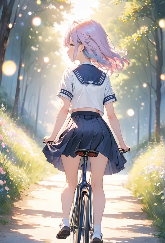 masterpiece, best quality, extremely detailed CG unity 8k wallpaper, Anime illustration of a high school girl riding a bicycle down an amazing downhill slope. She wears a sailor uniform. She is wearing a knee-length skirt. She is riding a bicycle with her legs spread to the sides. Angle seen from the back of the girl. It is painted in pastel colors and has a very emotional atmosphere. Watercolor. bokeh photography, (soft focus):1.2, out-of-focus highlights, dreamy ambiance, glowing circles, mesmerizing depth, depth of fieldショートカット, Summer country road