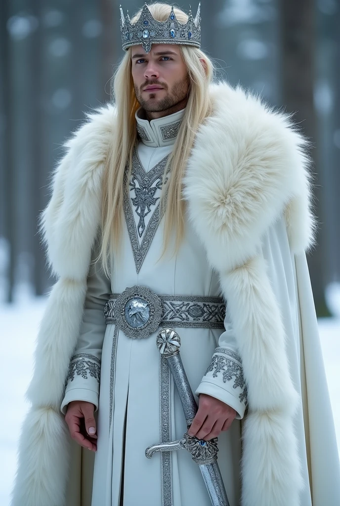 a male ice elven prince with long dirty blonde hair going down to his shoulders and a white uniform with silver embellishments and the royal emblem, a silver wolf and a white polar bear fur cape and a silver prince’s crown with sapphires and a silver enchanted elven smallsword sheathed in a scabbard.