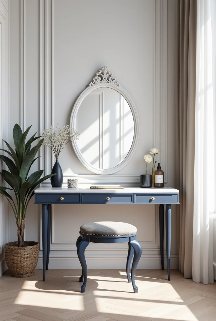 Professional 3d architecture rendering design of modern and gold French design for matte white and dark blue makeup table with beautiful mirror and white wall and elegant accessories and white mirror and light laminate floor
