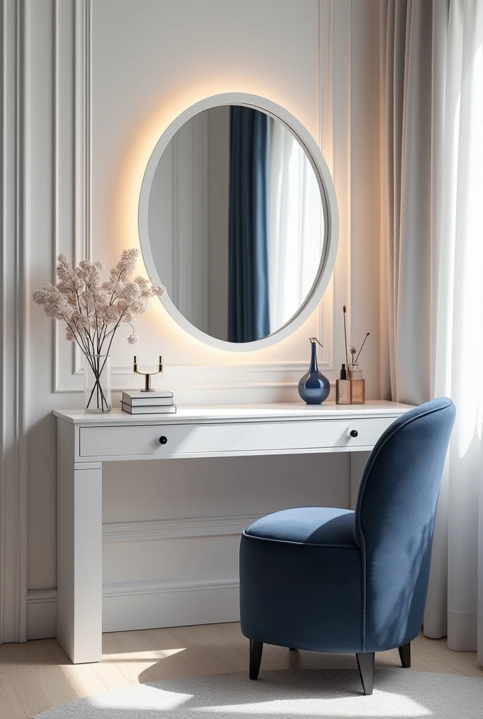 Professional 3d architecture rendering design of modern and gold French design for matte white and dark blue makeup table with beautiful mirror and white wall and elegant accessories and white mirror and light laminate floor