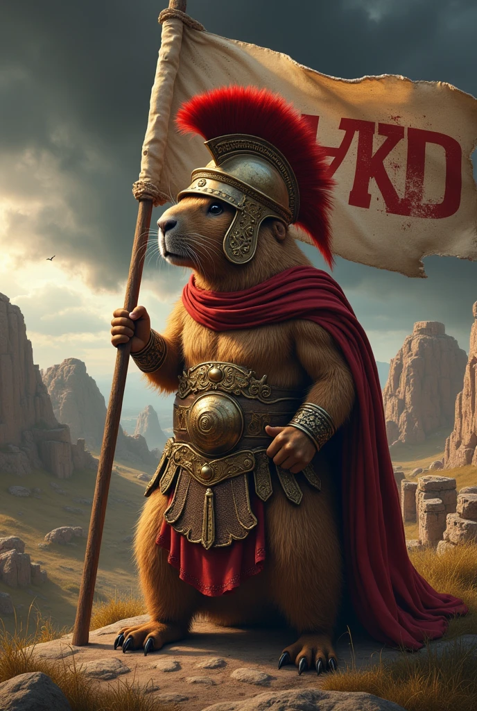 Create an image of a Spartan capybara holding a flag that says TKJ with blood