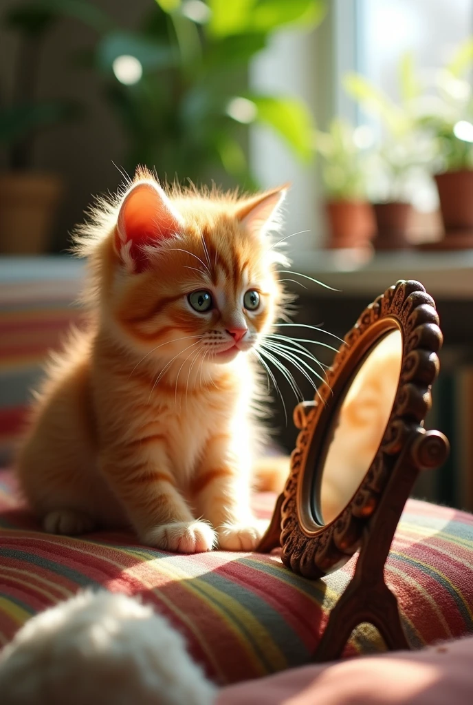 Drawing of an orange kitten, with a mirror, that says between its ears: "more handsome than the one who is seeing this"