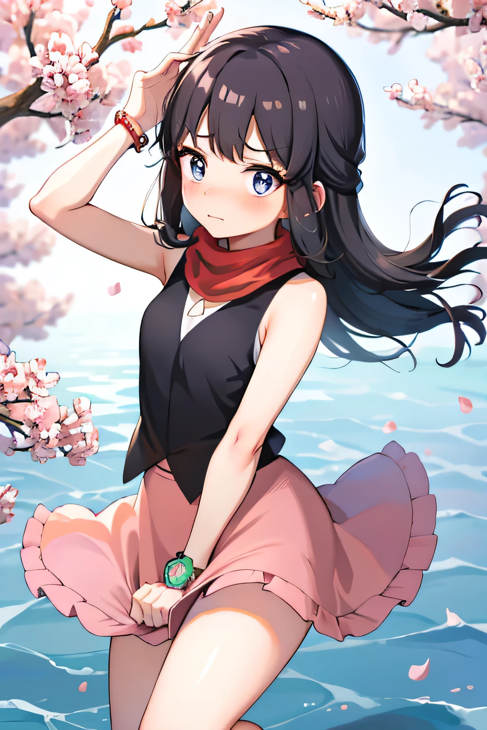 (8k),(masterpiece),(Japanese),((Innocent look)),((Childish)),Front and from above,smile,cute,Innocent,Kind eyes,Pokemon Dawn, Pokemon Dawn, Black Hair, blue eyes, Side Lock, Long Hair, (Small breasts:1.2),壊す bare shoulders, Beanie, black shirt, Black socks, bracelet, have, jewelry, Knee-length, miniskirt, pink skirt, red scarf, scarf, shirt, skirt, Sleeveless, Sleeveless shirt, White Hat,,Hair blowing in the wind,Black Hair,Somewhat strong wind,noon,bright,1 female,Next to the chestnuts,Red ribbon ,((Anxious expression)),Beautiful breasts,白のshirt,Red dress,Well-stylized,,(Front facing)(((Blushing、Embarrassed expression)),(((skirtが風でめくれ上がる)))