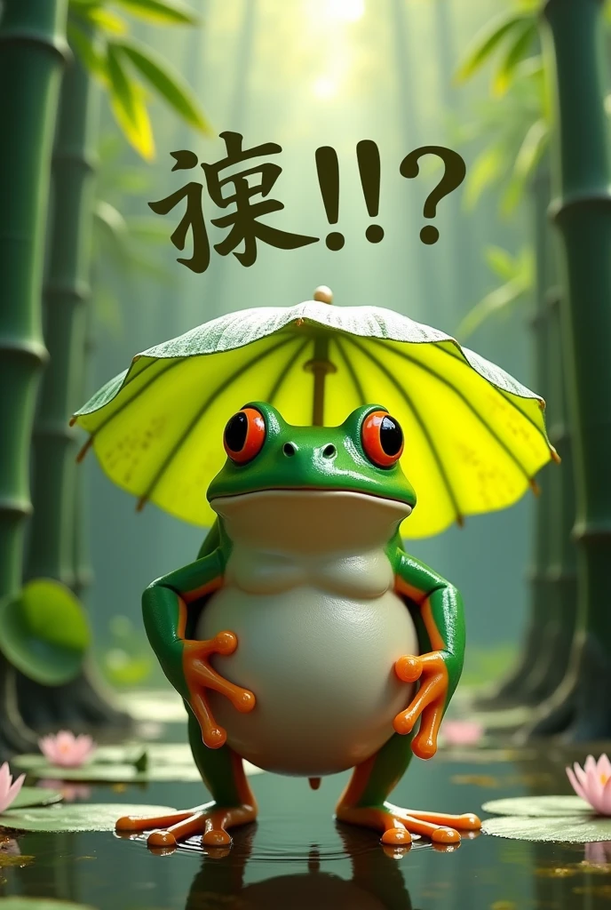A fat green tree frog,Ultra-realistic,high resolution,Standing with a lotus leaf umbrella,"!?" on the screen is written in 大きい letters on the screen,